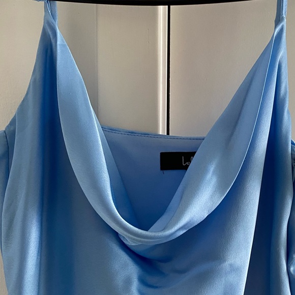 Lulus Formal Invitation Light Blue Satin Cowl Neck Maxi Dress in Size XS - Picture 6 of 7